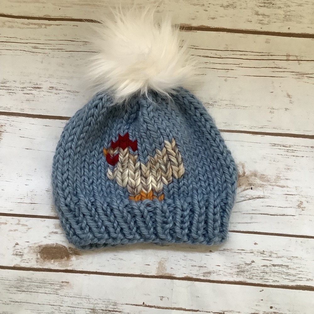 Handmade Kids Chicken Beanie in Blue with Pom Pom OS